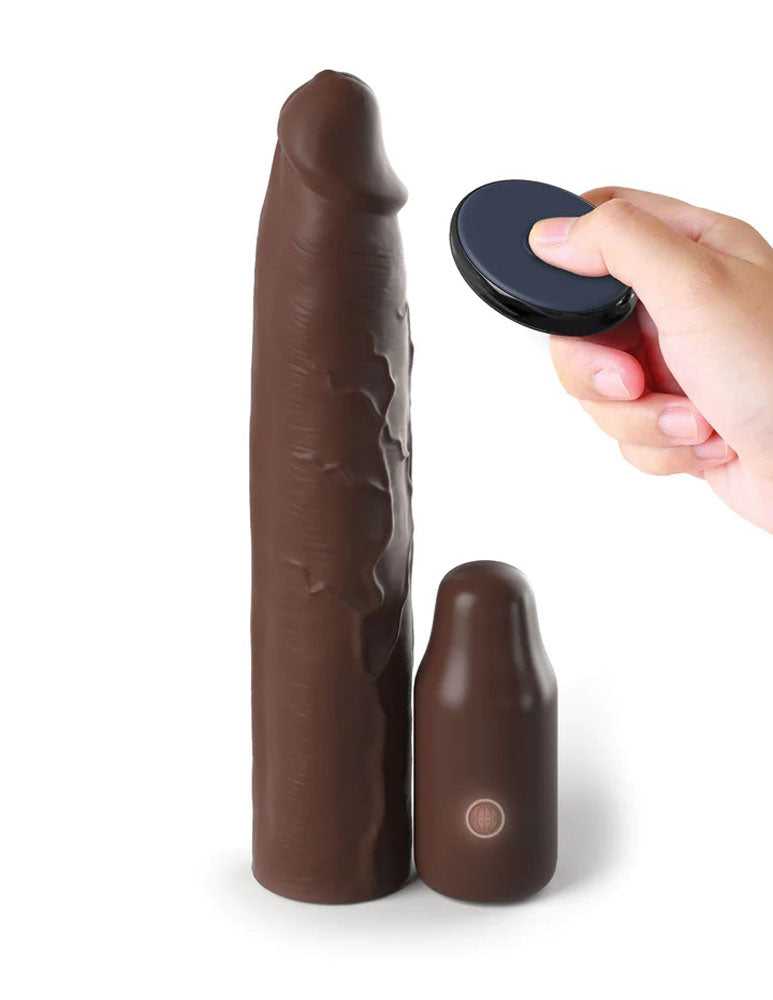 Fantasy X-Tensions Elite 9 Inch Sleeve Vibrating 3 Inch Plug With Remote - Brown Luxe Ember Essentials