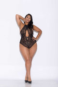 Lace and Mesh Halter Teddy - Queen Size - Black Luxe Ember Essentials