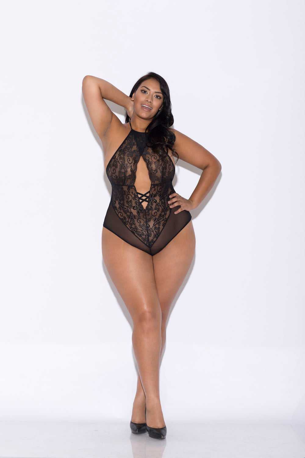 Lace and Mesh Halter Teddy - Queen Size - Black Luxe Ember Essentials