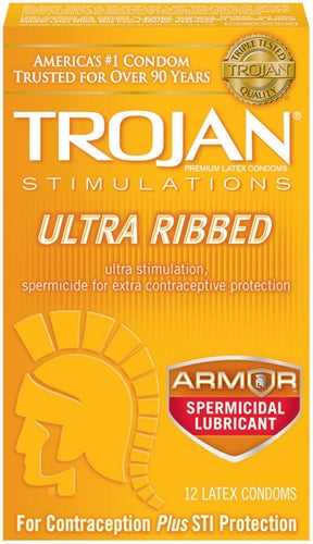 Trojan Stimulations Ultra Ribbed Spermicidal - 12 Pack Luxe Ember Essentials