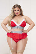 3 Pc Rhinestone Stud Bra With Marabou Trim and Garter Belt With Mesh Thong - Queen - Red Luxe Ember Essentials