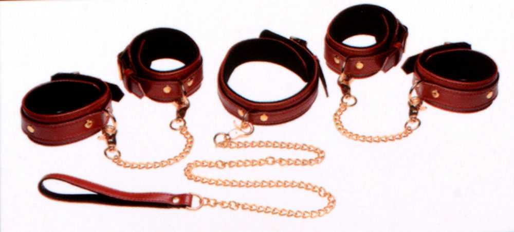 6 Piece Burgundy Bondage Set Burgundy Cuffs, Collar and Leash Luxe Ember Essentials