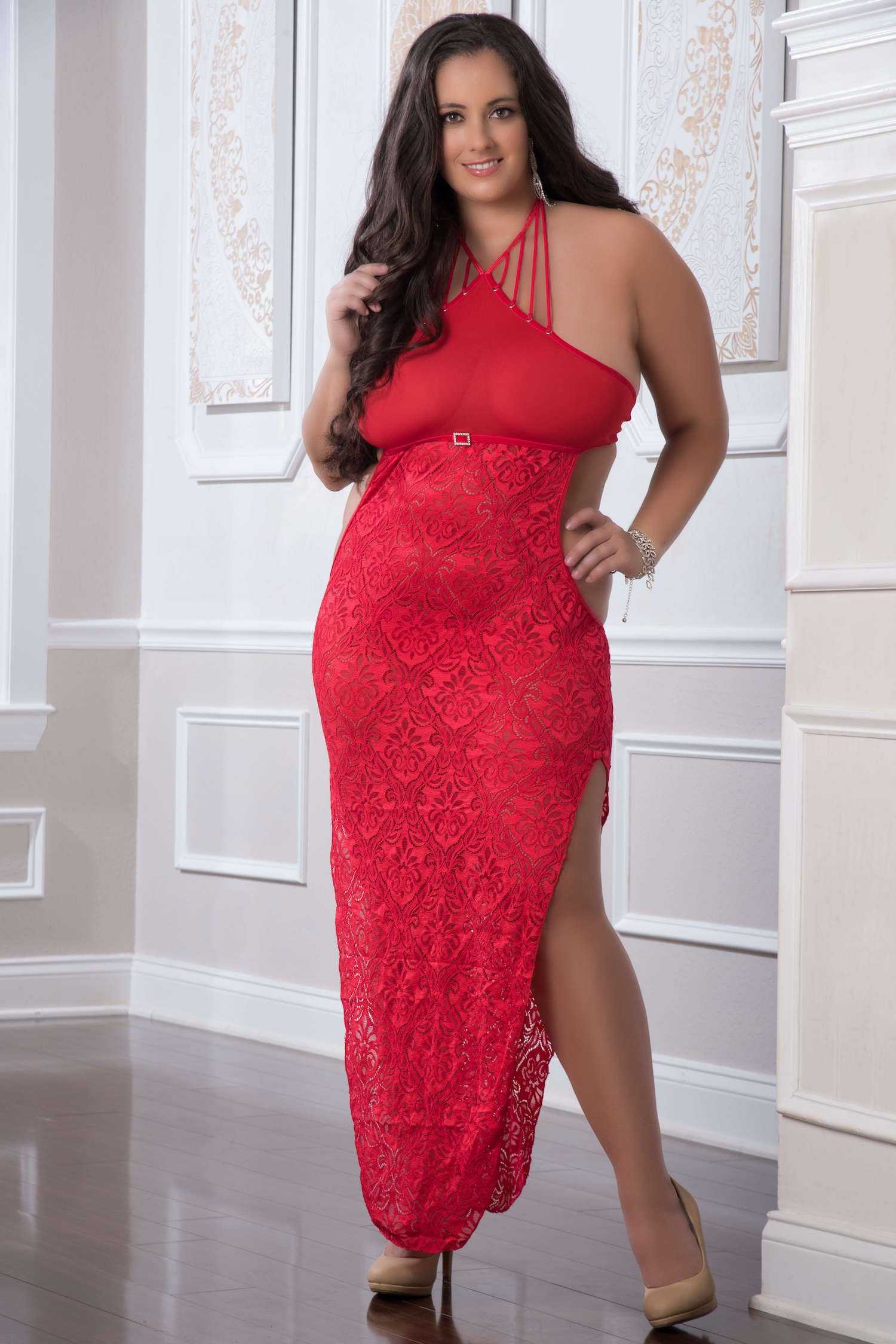 2 Pc. Shoulder-Baring Laced Night Dress - Red Cherry - Queen Size Luxe Ember Essentials
