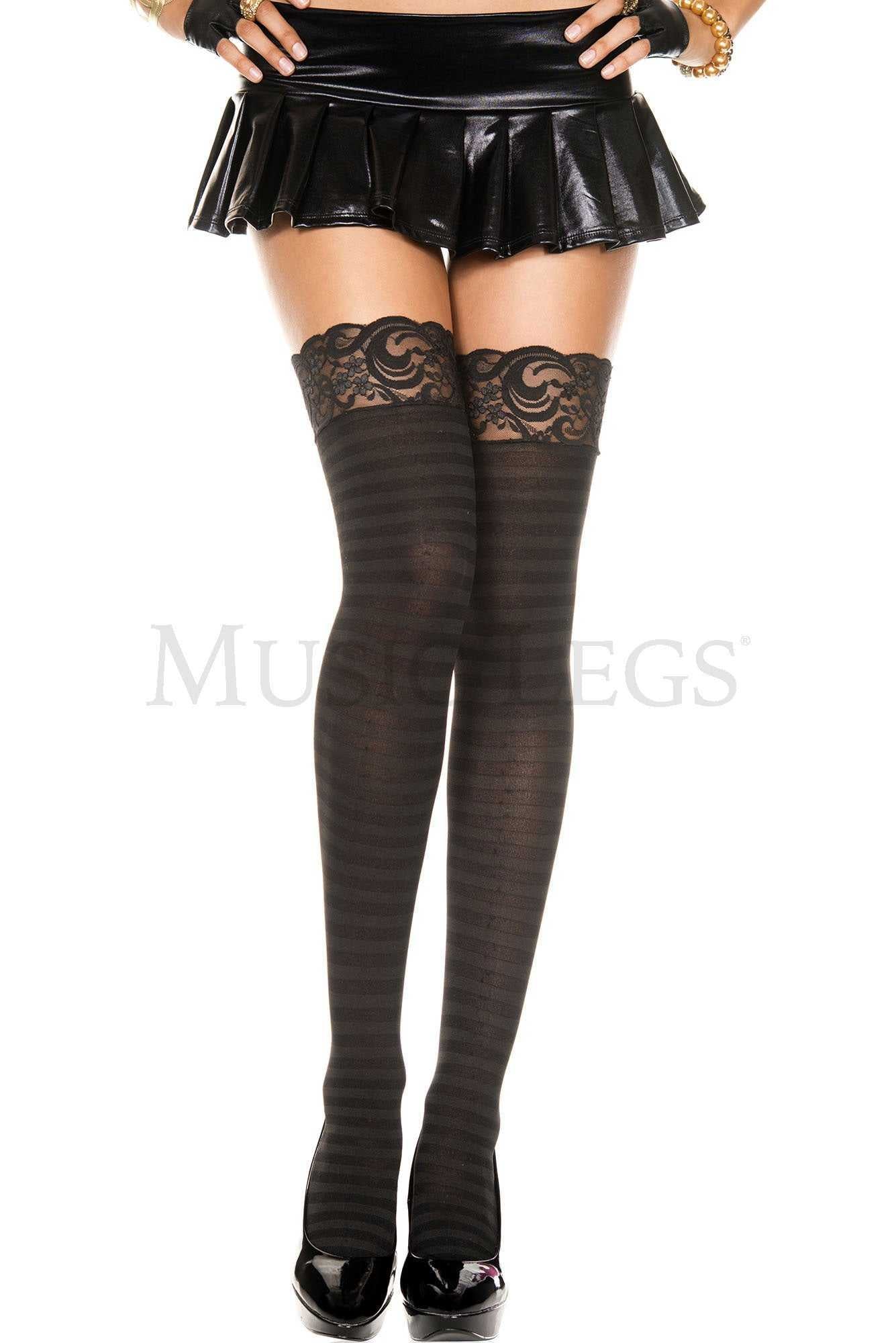 Lace Top Striped Thigh Hi - One Size - Black Luxe Ember Essentials
