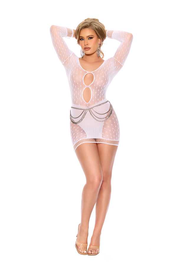 Polka Dot Crochet Mini Dress with Keyhole Front and Back - White - Os Luxe Ember Essentials