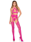 "3 Pc Lace Open Cup Cross-Over Bra Top, Crotchless Panty, and Garter Belt Stockings - Os - Magenta LA-89371MAGOS"