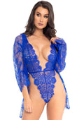 "3pc Lace Teddy and Robe Set - Medium -  Royal Blue LA-86112RYLBLUM"
