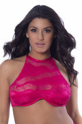 High Neck Bra With Diagonal Eyelash Lace Panels - 1x - Bright Rose Luxe Ember Essentials