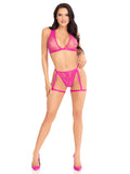 "2 Pc Deep-v Lace Bra Top With Cross Back Detail and Panty With Attached Garters - Os - Magenta LA-86148MAGOS"