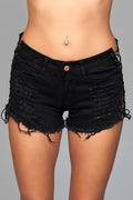 Denim Shorts With Lace Up Side Details and Distressed Details on Front and Back - Small Luxe Ember Essentials