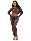 "2 Pc Python Net Crop Top and Footless Tights - Os - Black LA-89373BKOS"