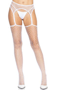 "Industrial Net Stockings With Scalloped Trimmed Attached Garter Belt - One Size - White LA-1956WHTOS"