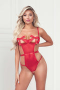 Mesh Teddy With Underwire, Satin Ribbon Bows, Rhinestone Belt, Hook and Eye Back Closure, and Open Thong - One Size - Red Luxe Ember Essentials