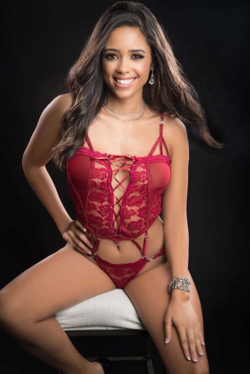 1pc Butterfly Teddy With Daring Lace-Up Front Thong and See-Through Detail - One Size - Red Berry Luxe Ember Essentials