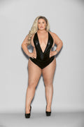 Liquid Look Chain Back Open Crotch Teddy - Queen Size - Black Luxe Ember Essentials