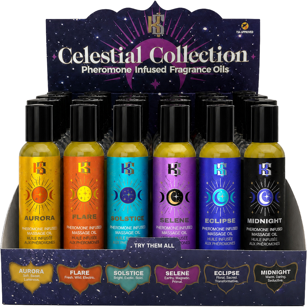 "Celestial 2 Oz Massage Oil Pheromone Prepack Display (24 Assorted Massage Oils) KS13050"