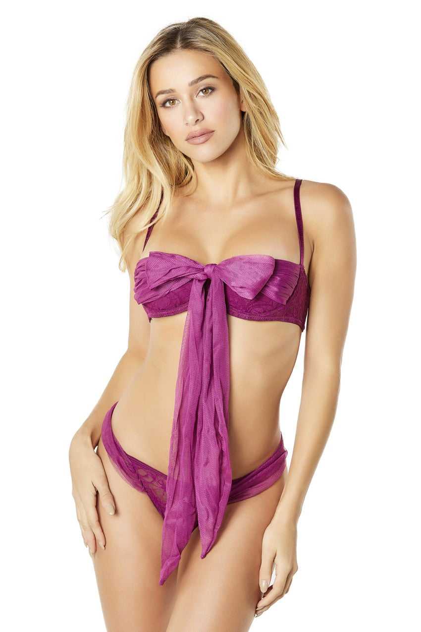 2 Pc Functional Tie Shelf Cup Bra and Ruched Back Tanga - Amaranth - L/xl Luxe Ember Essentials