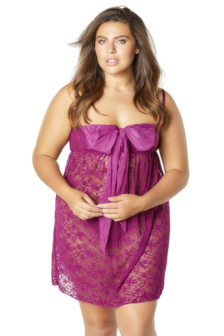 Lace Empire Babydoll With Functional Tie Shelf Cups G-String - Amaranth - 3x4x Luxe Ember Essentials