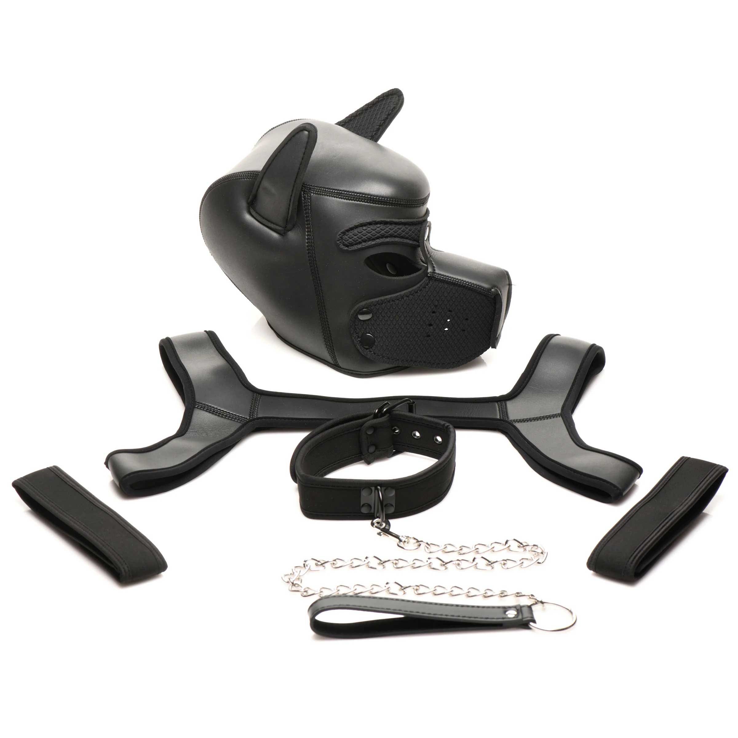 Full Pup Arsenal Set Neoprene Puppy Hood, Chest Harness, Collar With Leash and Arm Band - Black Luxe Ember Essentials