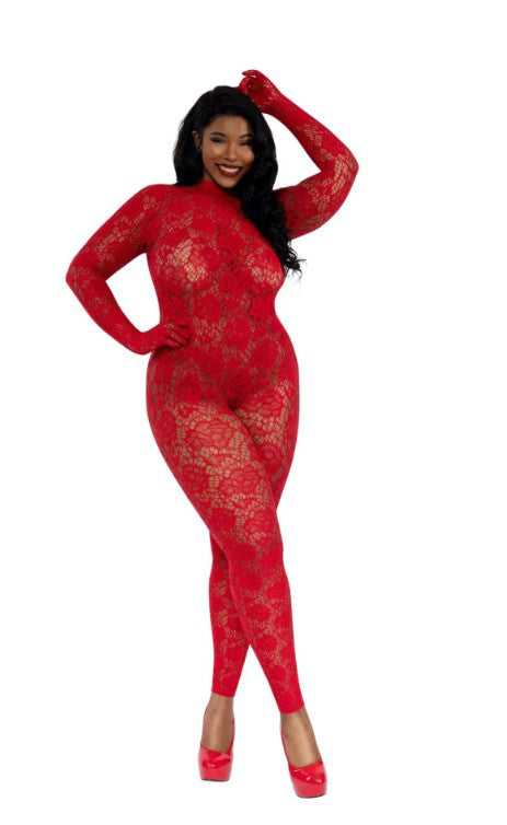 Gloved Bodystocking Dmnd - Qs - Red Luxe Ember Essentials