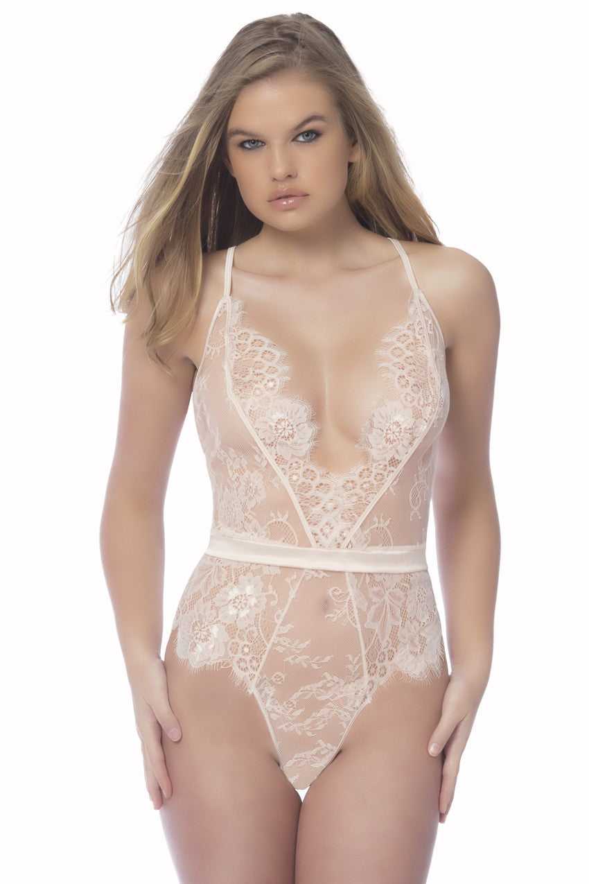 Soft Lace Bodysuit With Satin Trims - Small - Silver Peony Luxe Ember Essentials
