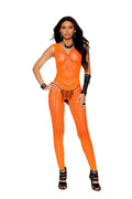 Crochet Footless Bodystocking With Open Crotch - One Size - Orange Luxe Ember Essentials