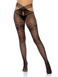 "Strappy Wrap Around Crotchless Fishnet Tights With Lace Garter Detail - One Size - Black LA-9914BLK"
