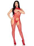 "2 Pc Circle Net Cupless Suspender Lingerie Jumpsuit and Matching Panty - Os - Red LA-89374RDOS"