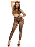 "2 Pc Leopard Net Crop Top and Crotchless Footless Tights With Faux Lace-Up Detail - Os - Black LA-89372BKOS"