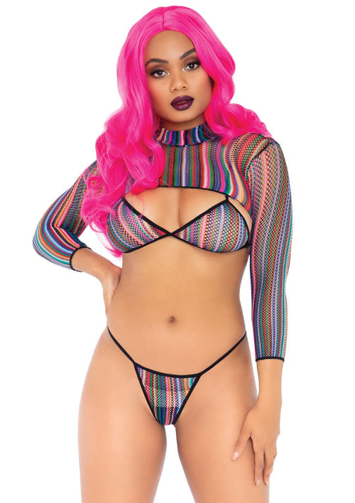 "3 Pc Fishnet Bikini G-String and Crop Top - One Size - Multicolor LA-81607MULTI"