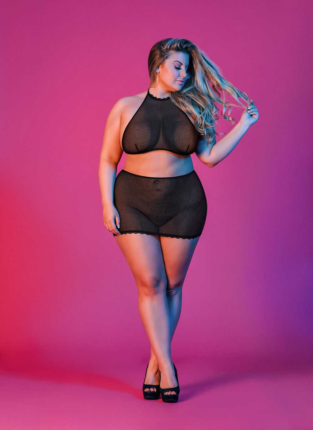 Sexy Time Polka Dot Mesh Halter and Skirt Set - Black - 1x-3x Luxe Ember Essentials