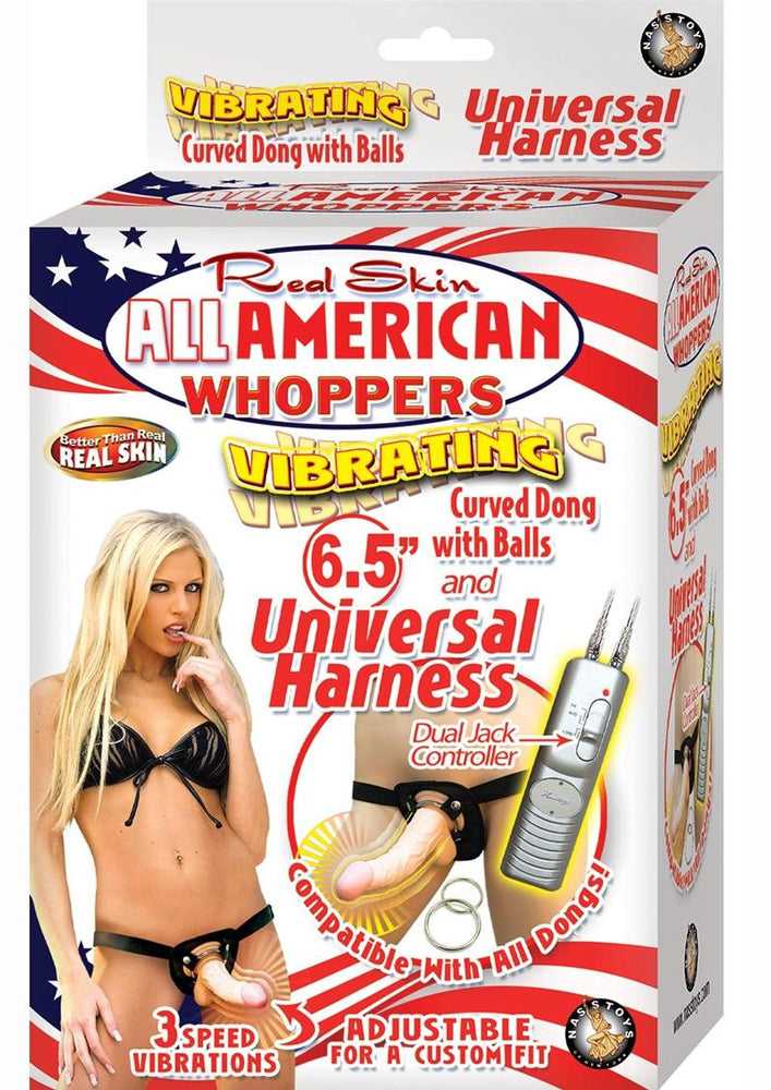 All American Whoppers Vibrating 6.5-Inch Dong With Universasl Harness - Flesh Luxe Ember Essentials