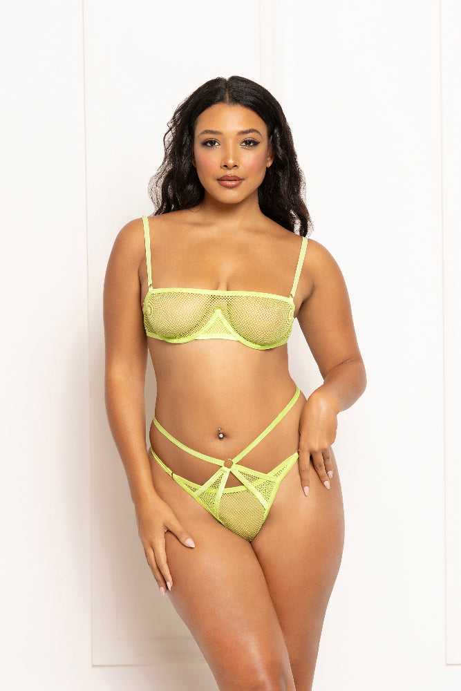2 Pc Fishnet and Strappy Elastic Bra and Thong Set - One Size - Lime Luxe Ember Essentials