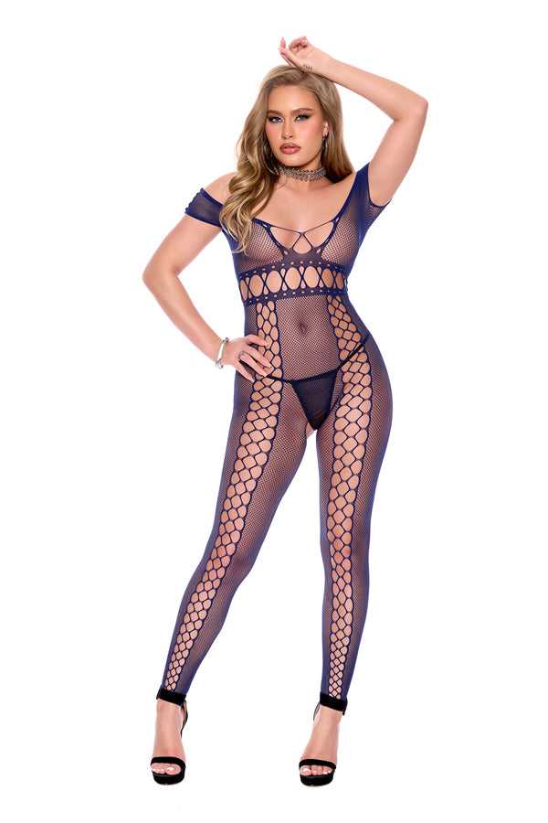 Crochet Net Footless Bodystocking with Cap Sleeves, Open Crotch - Midnight Blue - Os Luxe Ember Essentials