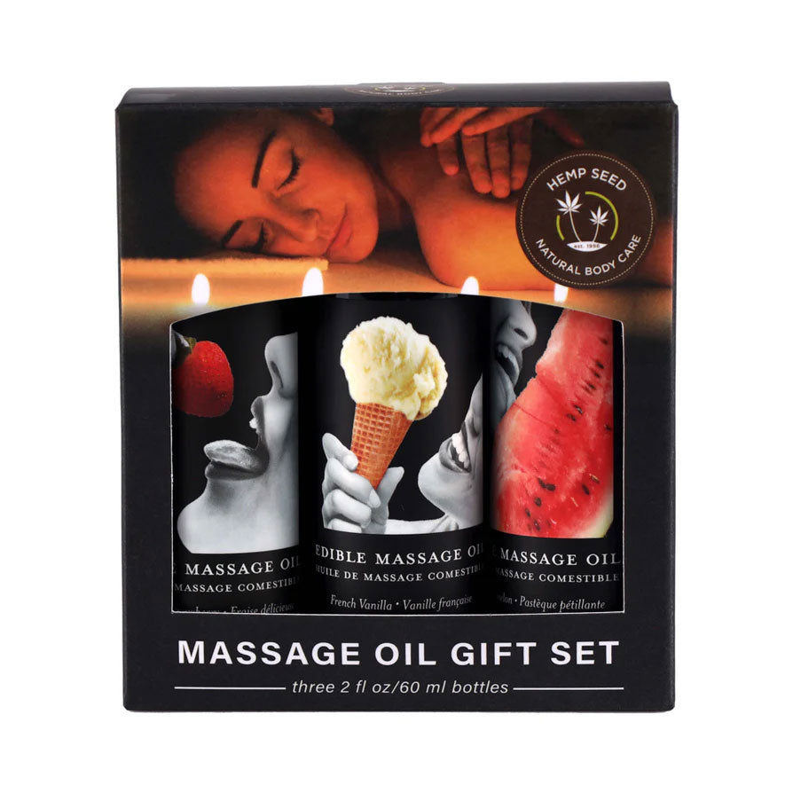 "Edible Massage Oil Gift Set Box - 2 Fl. Oz. Bottles - Strawberry, Watermelon, Vanilla EB-MSEG003"