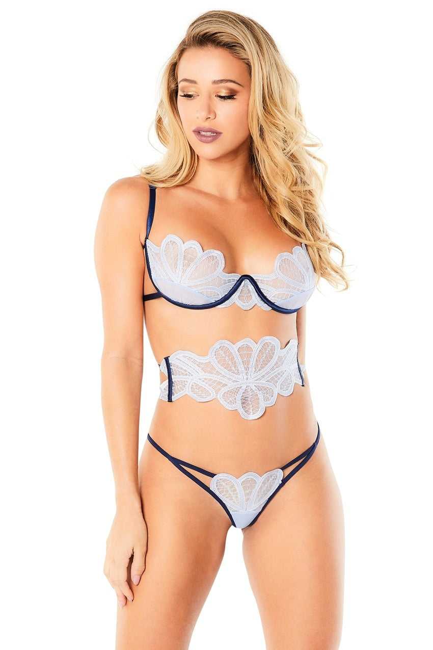 3pc Tulle Set With Intricate Petal Embroidery and Decorative Elastics - Estate Blue/brunera Blue - Large/extra Large Luxe Ember Essentials