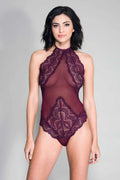 High Neck Scalloped Trim Lace Teddy With Sheer Back - One Size - Burgundy Luxe Ember Essentials