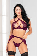 Lace Bra, Garter, and Panty Set - One Size - Purple Luxe Ember Essentials