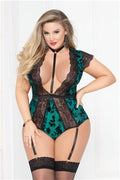 Flocked Mesh Bodysuit W/garter - Green - 1x2x Luxe Ember Essentials