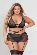 Three Piece Floral Lace Bra, Skirt, and G-String Set - Queen - Black Luxe Ember Essentials