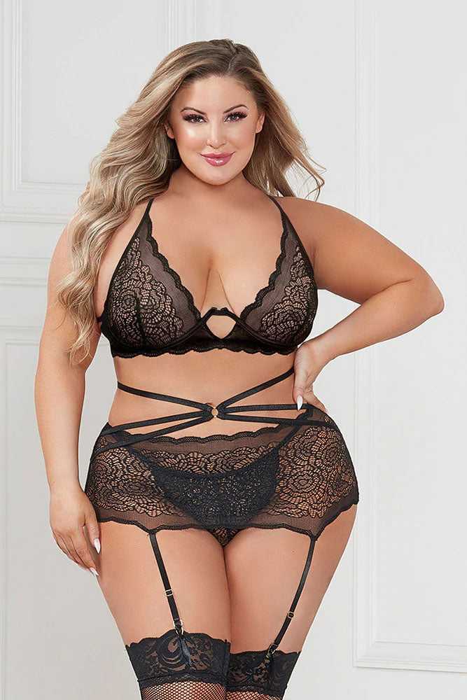 Three Piece Floral Lace Bra, Skirt, and G-String Set - Queen - Black Luxe Ember Essentials