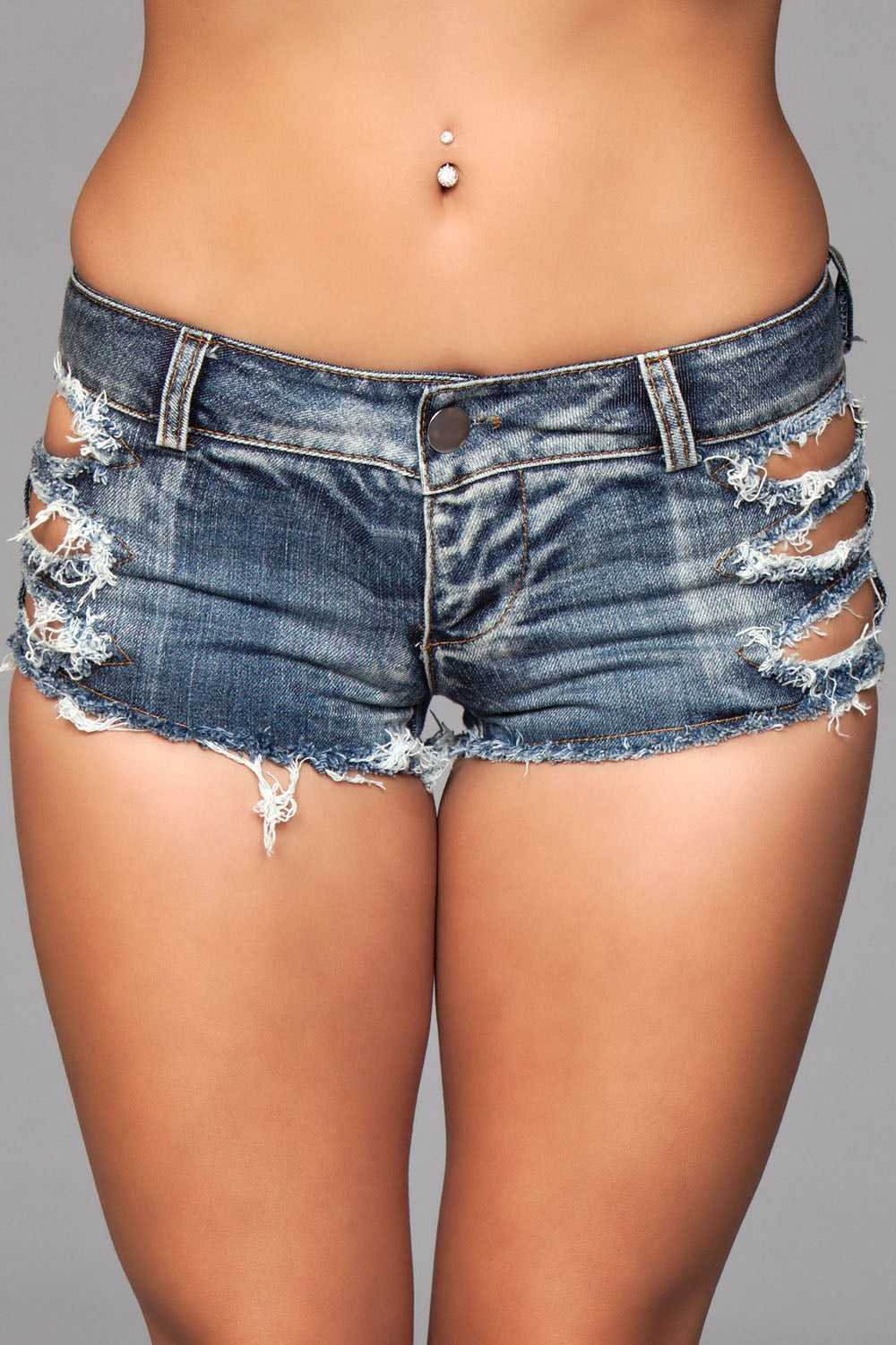 Medium Wash Denim Shorts With Distressed Details on Front and Back Pockets - Medium Luxe Ember Essentials