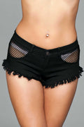 Denim Shorts With Fishnet Top Trimming and Fringe - Medium - Black Luxe Ember Essentials