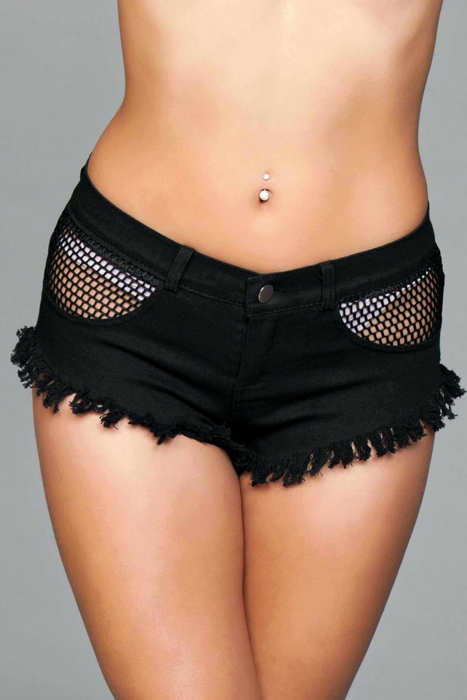 Denim Shorts With Fishnet Top Trimming and Fringe - Medium - Black Luxe Ember Essentials