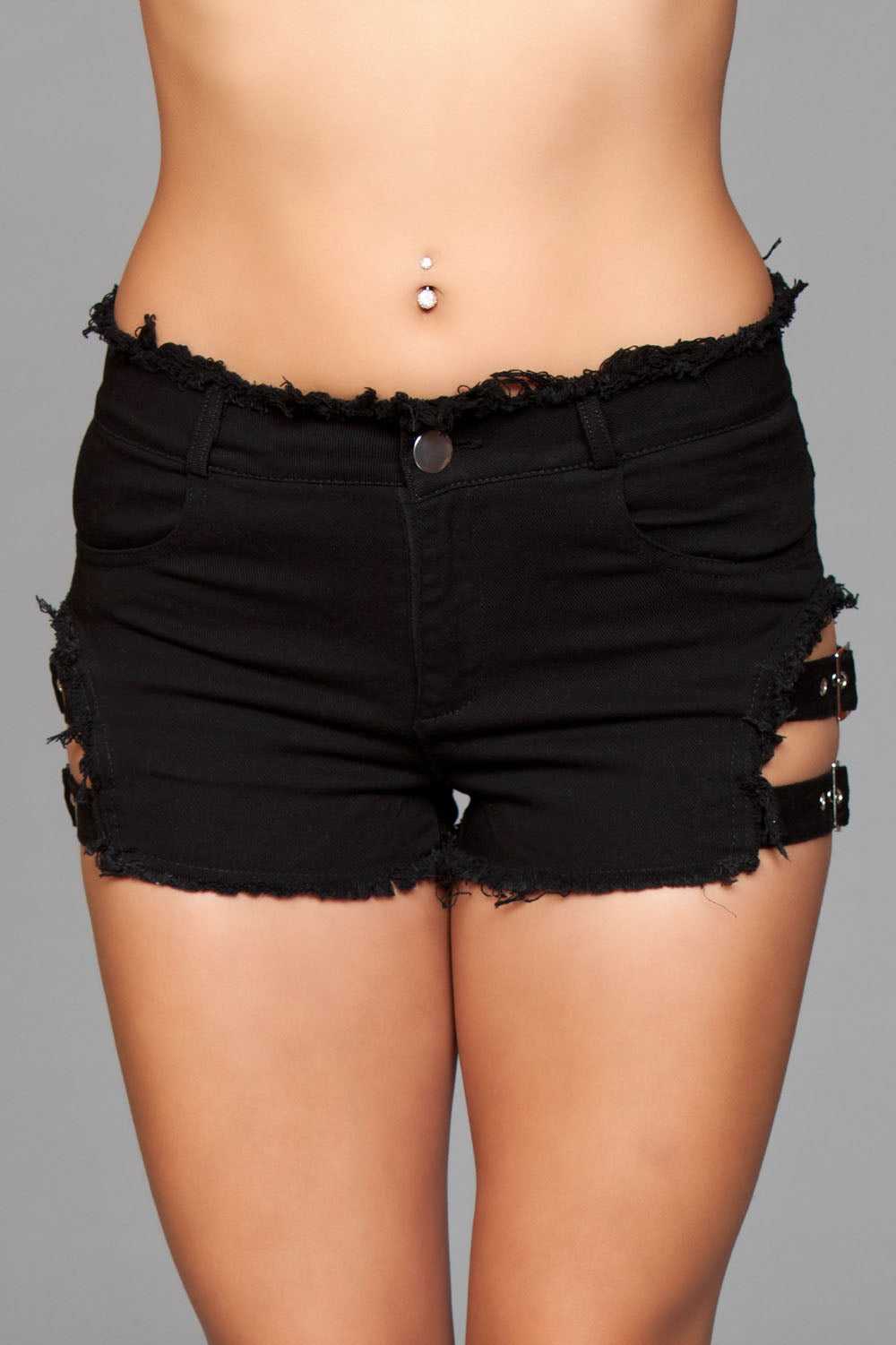 Denim Shorts With Belt Buckle Side Details and Faux Back Pockets - Medium Luxe Ember Essentials