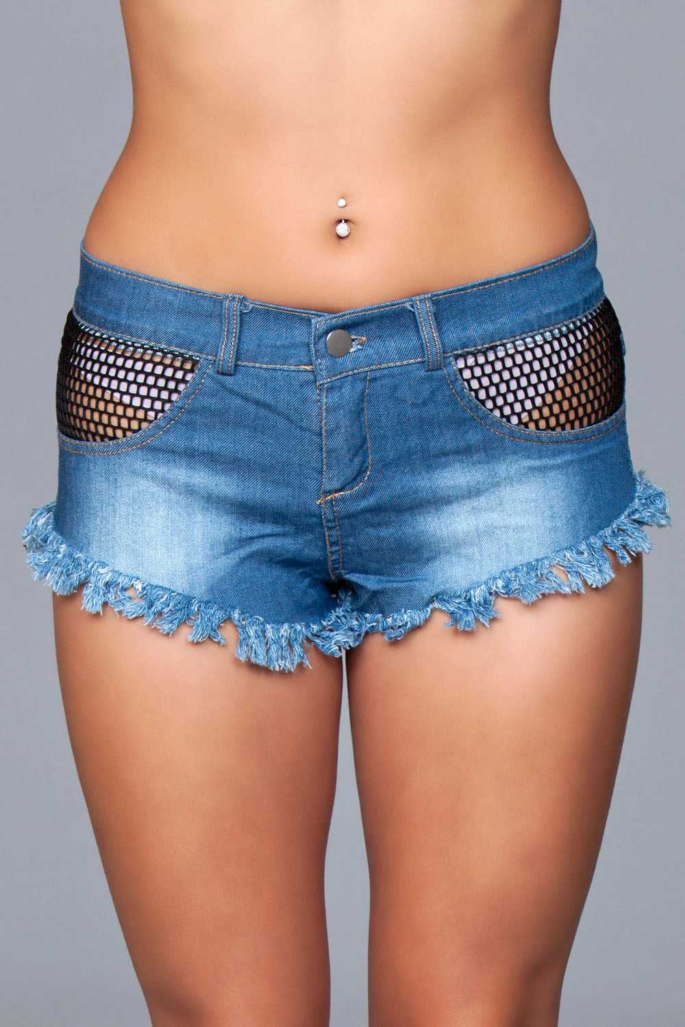 Denim Shorts With Fishnet Top Trimming and Fringe Bottom Details - Medium Luxe Ember Essentials