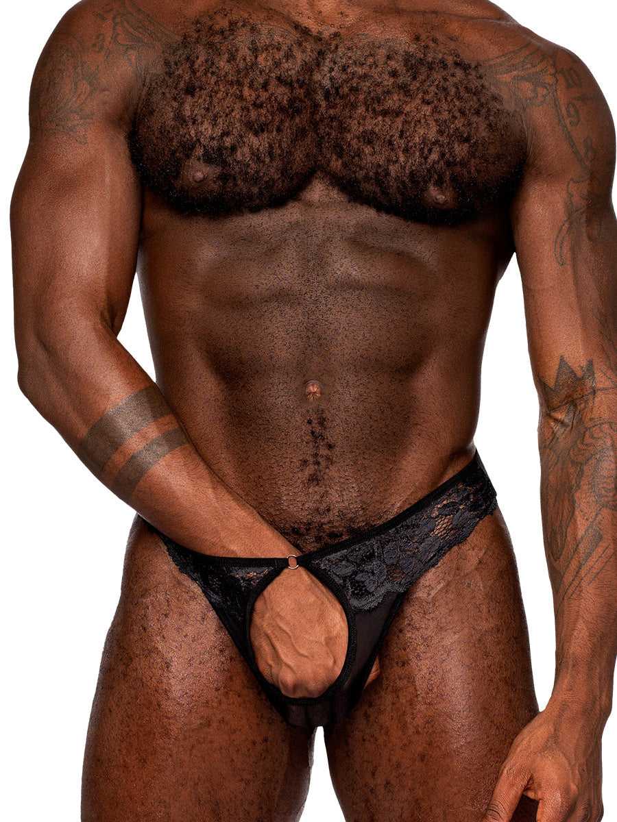 Sassy Lace - Open Ring Thong - Large/x-Large - Black Luxe Ember Essentials