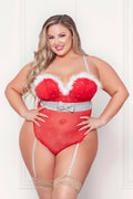 Rhinestone Studded Mesh Teddy With Marabou Trim - 3x/4x - Red Luxe Ember Essentials