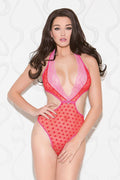 Dot Mesh and Lace Teddy - One Size - Pink/red Luxe Ember Essentials