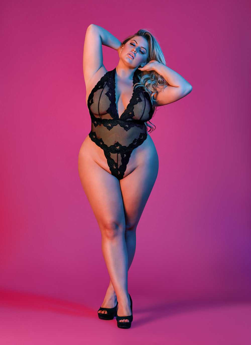 Sexy Time Deep Plunge Halter Teddy - Black - 1x-3x Luxe Ember Essentials